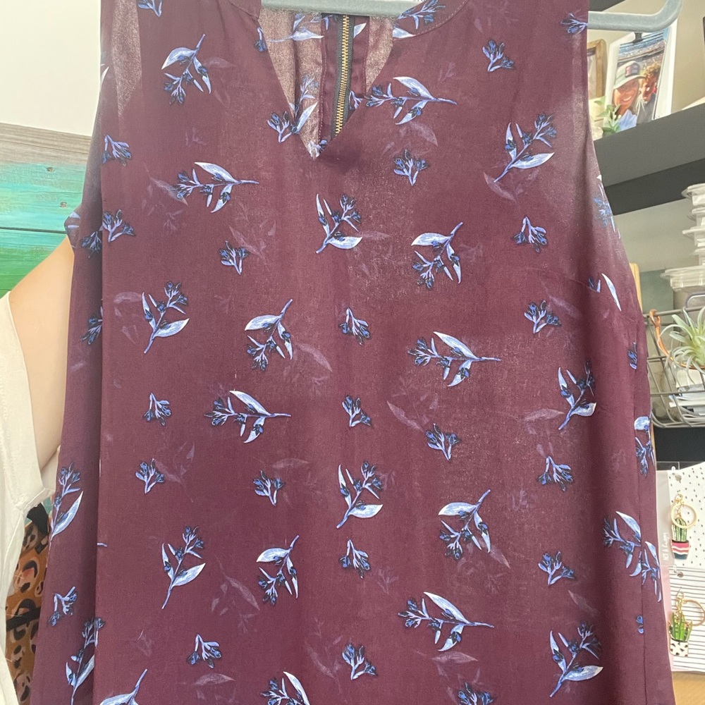 CAbi Burgundy and Blue Floral Top